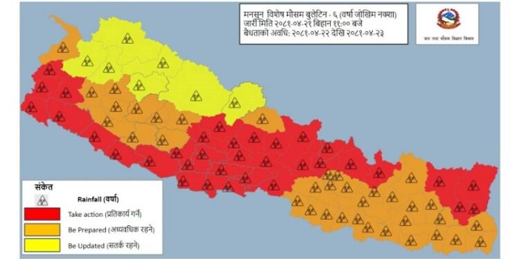 भोलि र पर्सि ठुलो पानी पर्ने, कोशीका ४ जिल्लामा रेड अलर्ट, अन्य १० जिल्ला मध्यम जोखिममा 