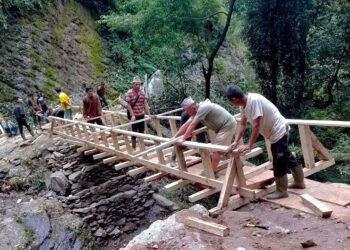 खोटाङको बोरा खोलामा १२ जनाले श्रमदान गरेर बनाए काठेपुल