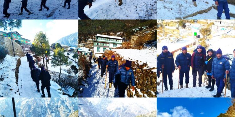 सोलुखुम्बुमा हिमपात : जनजीवन प्रभावित, हिउँमा गस्ती गर्दै प्रहरी