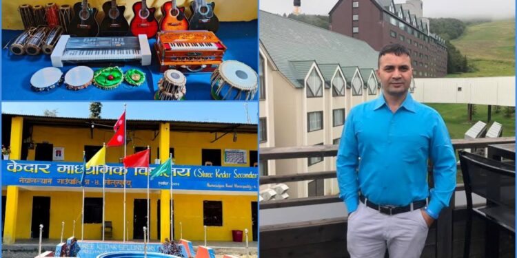 पूर्व विद्यार्थी ज्योति शर्माद्धारा केदार माविलाई संगीतका सामाग्री हस्तान्तरण