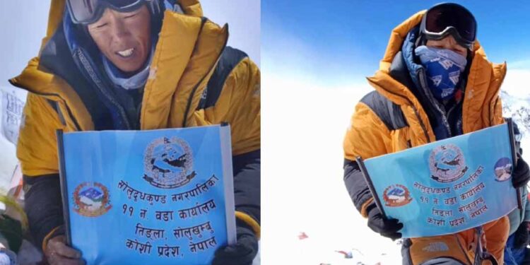  तिङ्लाबाट पहिलो सगरमाथा आरोही शेर्पाले पु¥याए वडाको ब्यानर चुचुरोमा 