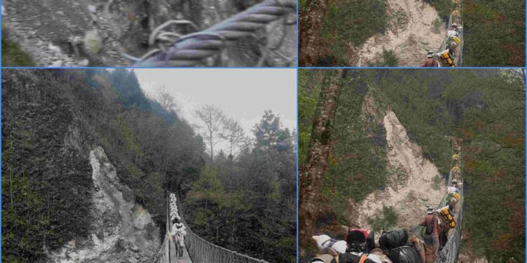 सगरमाथा जाने बाटोमै जोखिमपूर्ण पुल— पर्यटक, भरियादेखि खच्चड  सबै मारमा