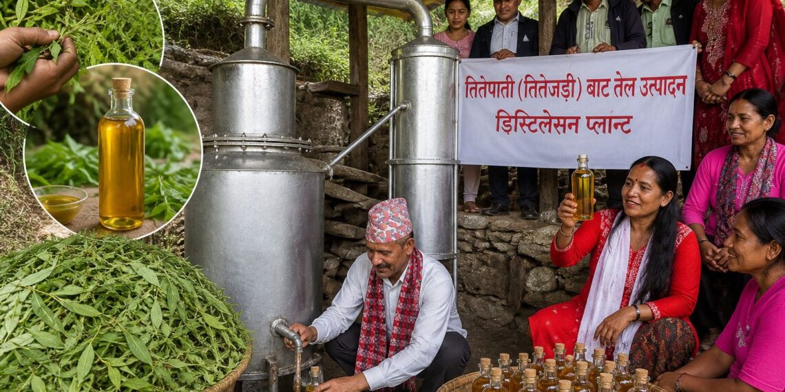 ताप्लिमा खेर गइरहेको तितेपातीबाट तेल उत्पादन गर्न डिस्टिलेसन प्लान्ट